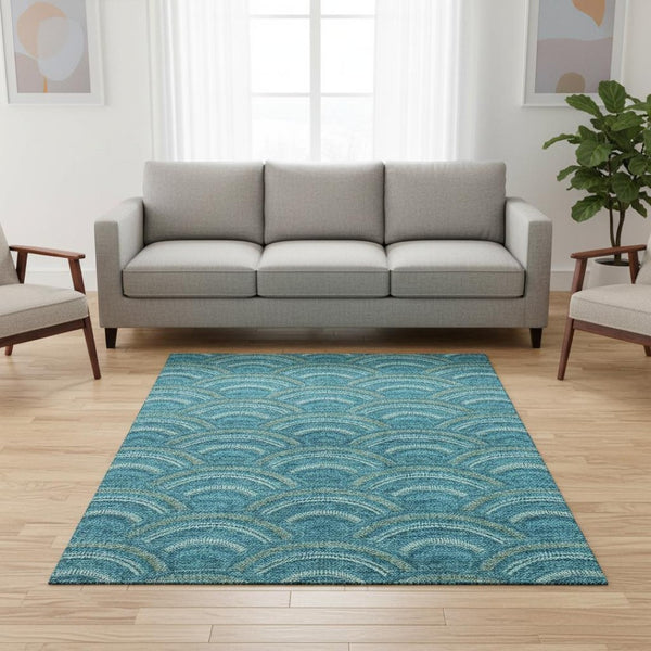HomeRoots 5' X 8' Vibrant Teal, Ivory & Fern Green Geometric Area Rug - Stain Resistant, UV Protected & Stylish! 677731