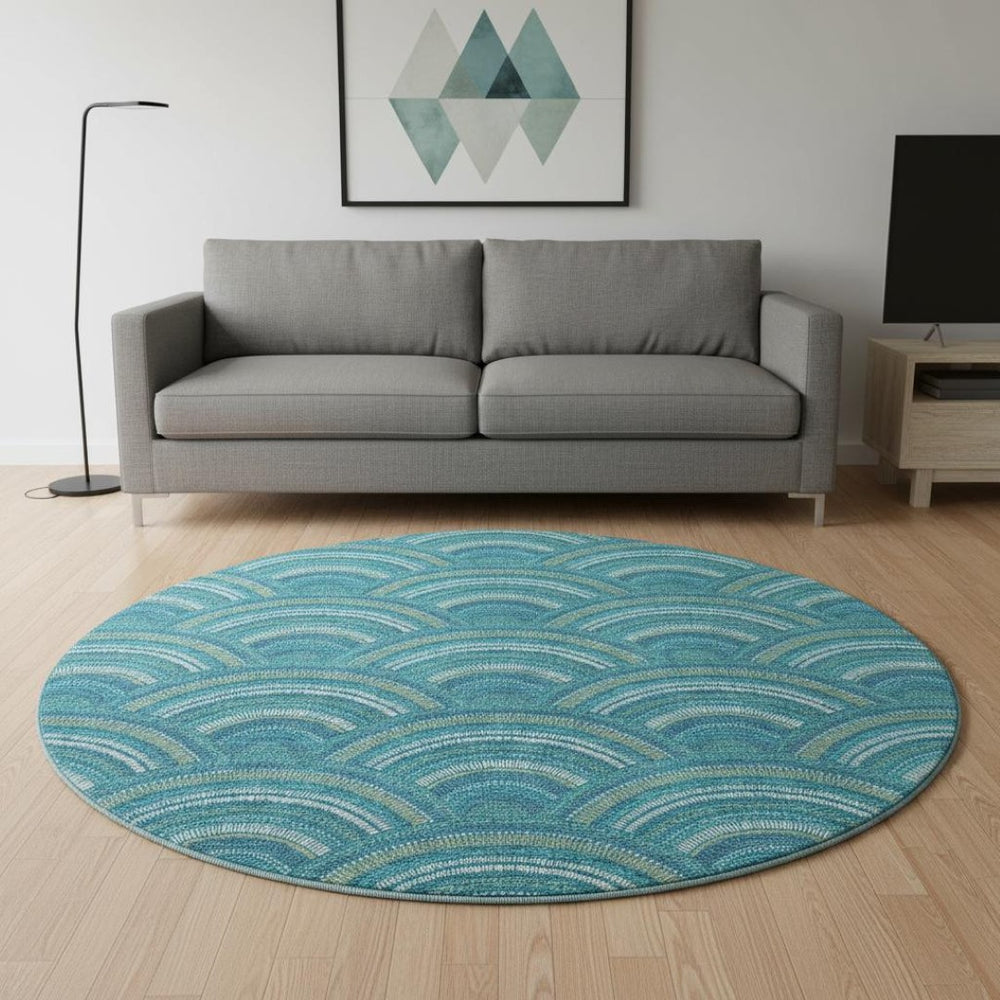 HomeRoots 8' Teal Ivory and Fern Green Geometric Round Rug - Washable, UV Protected, Stylish and Durable Design 677732