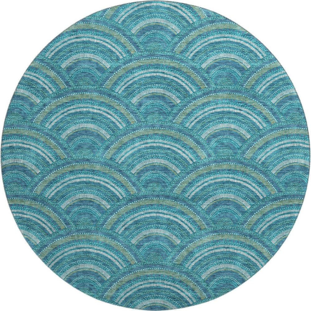 HomeRoots 8' Teal Ivory and Fern Green Geometric Round Rug - Washable, UV Protected, Stylish and Durable Design 677732