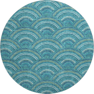 HomeRoots 8' Teal Ivory and Fern Green Geometric Round Rug - Washable, UV Protected, Stylish and Durable Design 677732