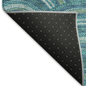 HomeRoots 8' Teal Ivory and Fern Green Geometric Round Rug - Washable, UV Protected, Stylish and Durable Design 677732