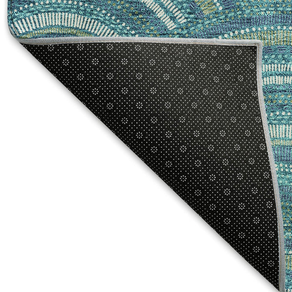 HomeRoots 8' Teal Ivory and Fern Green Geometric Round Rug - Washable, UV Protected, Stylish and Durable Design 677732