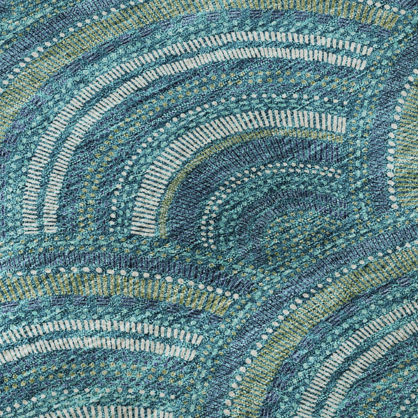 HomeRoots 8' Teal Ivory and Fern Green Geometric Round Rug - Washable, UV Protected, Stylish and Durable Design 677732