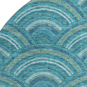 HomeRoots 8' Teal Ivory and Fern Green Geometric Round Rug - Washable, UV Protected, Stylish and Durable Design 677732