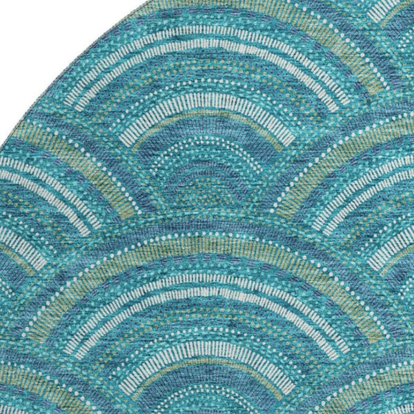 HomeRoots 8' Teal Ivory and Fern Green Geometric Round Rug - Washable, UV Protected, Stylish and Durable Design 677732