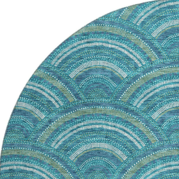 HomeRoots 8' Teal Ivory and Fern Green Geometric Round Rug - Washable, UV Protected, Stylish and Durable Design 677732