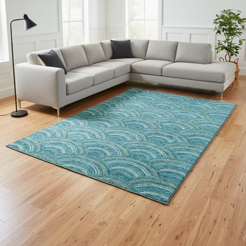 HomeRoots 8' X 10' Stylish Teal, Ivory & Fern Green Geometric Area Rug – Washable, Stain-Resistant, UV Safe! 677733
