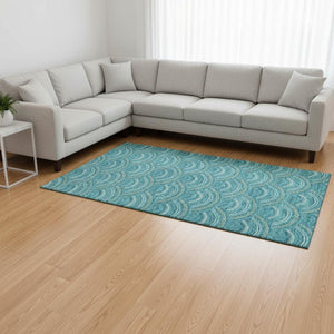 HomeRoots 9' X 12' Teal Ivory Fern Green Geometric Area Rug - Washable, UV Protected & Kid-Friendly Design 677734