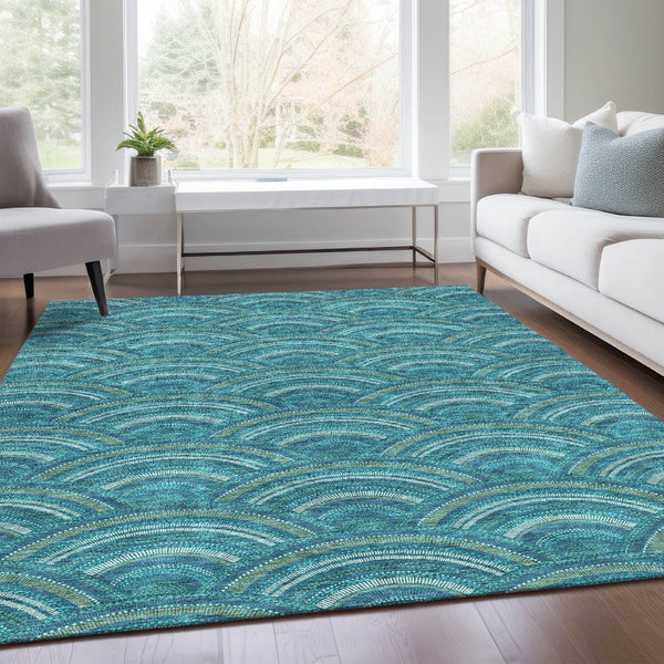 HomeRoots 9' X 12' Teal Ivory Fern Green Geometric Area Rug - Washable, UV Protected & Kid-Friendly Design 677734