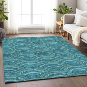 HomeRoots 10' Modern Geometric Washable Area Rug in Teal, Ivory & Fern Green - Durable, Stain Resistant & UV Protected 677735