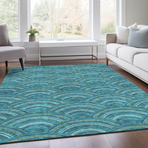 HomeRoots 10' Modern Geometric Washable Area Rug in Teal, Ivory & Fern Green - Durable, Stain Resistant & UV Protected 677735