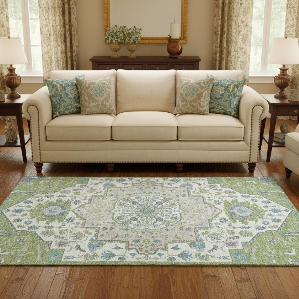 HomeRoots 5' X 8' Artichoke Green, Ivory, and Blue Washable Oriental Area Rug with UV Protection for Homes 677737