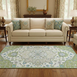HomeRoots 5' X 8' Artichoke Green, Ivory, and Blue Washable Oriental Area Rug with UV Protection for Homes 677737