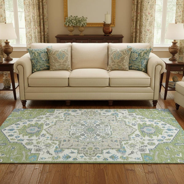 HomeRoots 5' X 8' Artichoke Green, Ivory, and Blue Washable Oriental Area Rug with UV Protection for Homes 677737