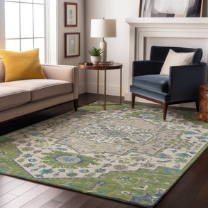 HomeRoots 5' X 8' Artichoke Green, Ivory, and Blue Washable Oriental Area Rug with UV Protection for Homes 677737