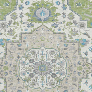 HomeRoots 5' X 8' Artichoke Green, Ivory, and Blue Washable Oriental Area Rug with UV Protection for Homes 677737