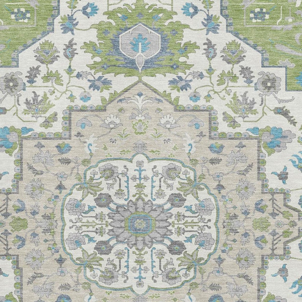 HomeRoots 5' X 8' Artichoke Green, Ivory, and Blue Washable Oriental Area Rug with UV Protection for Homes 677737