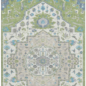 HomeRoots 5' X 8' Artichoke Green, Ivory, and Blue Washable Oriental Area Rug with UV Protection for Homes 677737
