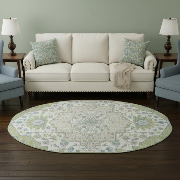 HomeRoots 8' Artichoke Green Ivory and Blue Oriental Washable Round Rug - Durable, Stylish & Easy to Clean! 677738