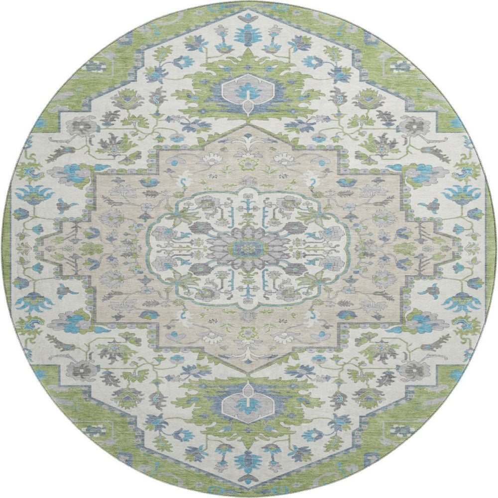 HomeRoots 8' Artichoke Green Ivory and Blue Oriental Washable Round Rug - Durable, Stylish & Easy to Clean! 677738