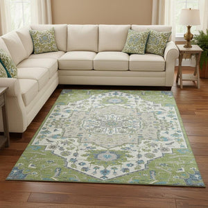 HomeRoots 8' X 10' Stylish Washable Artichoke Green and Ivory Oriental Rug with UV Protection for Every Home 677739