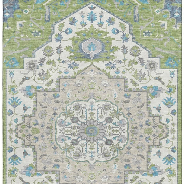 HomeRoots 8' X 10' Stylish Washable Artichoke Green and Ivory Oriental Rug with UV Protection for Every Home 677739