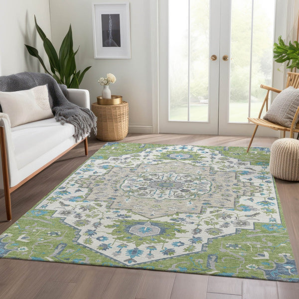 HomeRoots 9' X 12' Artichoke Green Oriental Area Rug with UV Protection – Durable, Stain-Resistant & Stylish 677740