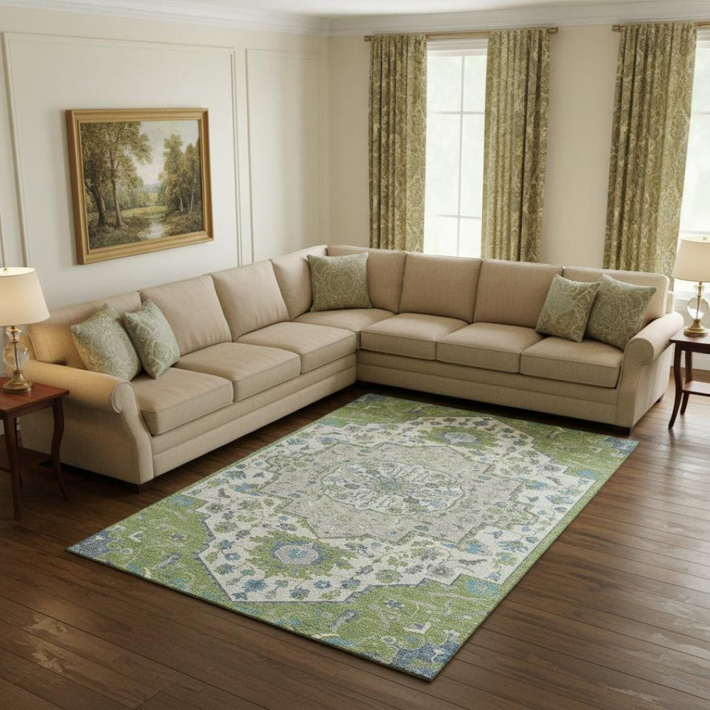 HomeRoots 10' X 14' Artichoke Green Ivory & Blue Oriental Area Rug - UV Protected, Washable, Durable Elegance 677741