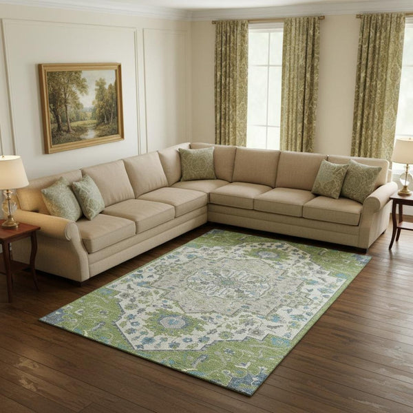 HomeRoots 10' X 14' Artichoke Green Ivory & Blue Oriental Area Rug - UV Protected, Washable, Durable Elegance 677741