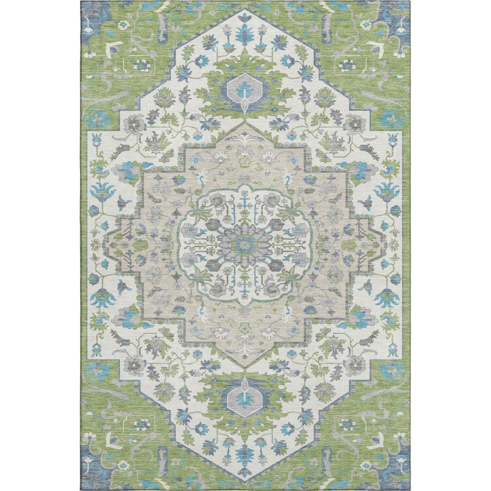 HomeRoots 10' X 14' Artichoke Green Ivory & Blue Oriental Area Rug - UV Protected, Washable, Durable Elegance 677741