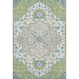 HomeRoots 10' X 14' Artichoke Green Ivory & Blue Oriental Area Rug - UV Protected, Washable, Durable Elegance 677741