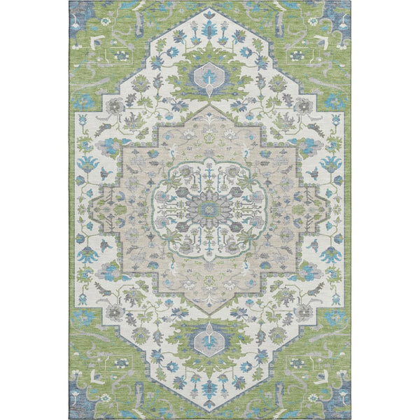 HomeRoots 10' X 14' Artichoke Green Ivory & Blue Oriental Area Rug - UV Protected, Washable, Durable Elegance 677741