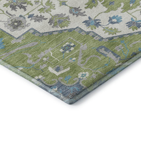HomeRoots 10' X 14' Artichoke Green Ivory & Blue Oriental Area Rug - UV Protected, Washable, Durable Elegance 677741