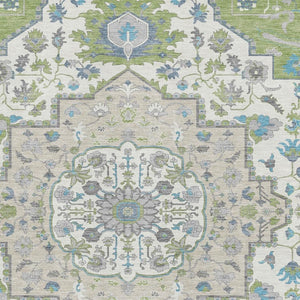 HomeRoots 10' X 14' Artichoke Green Ivory & Blue Oriental Area Rug - UV Protected, Washable, Durable Elegance 677741