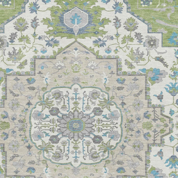 HomeRoots 10' X 14' Artichoke Green Ivory & Blue Oriental Area Rug - UV Protected, Washable, Durable Elegance 677741