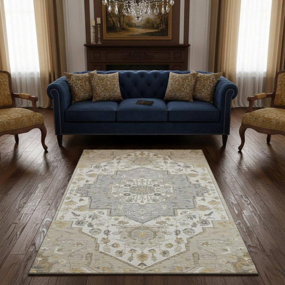 HomeRoots 5' X 8' Beige Ivory Gold Oriental Area Rug - Washable, Stain Resistant & UV Protected for Homes 677743