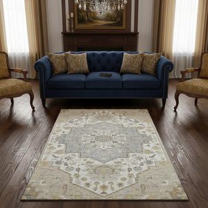 HomeRoots 5' X 8' Beige Ivory Gold Oriental Area Rug - Washable, Stain Resistant & UV Protected for Homes 677743