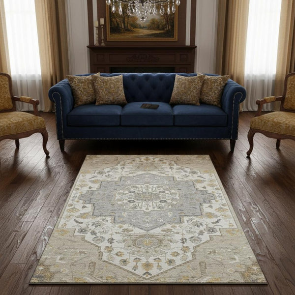 HomeRoots 5' X 8' Beige Ivory Gold Oriental Area Rug - Washable, Stain Resistant & UV Protected for Homes 677743