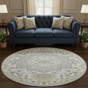HomeRoots 8' Elegant Ivory and Gold Oriental Round Rug - Washable, UV Protected, Durable for Family Living 677744