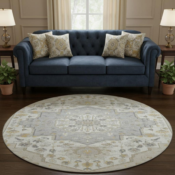 HomeRoots 8' Elegant Ivory and Gold Oriental Round Rug - Washable, UV Protected, Durable for Family Living 677744