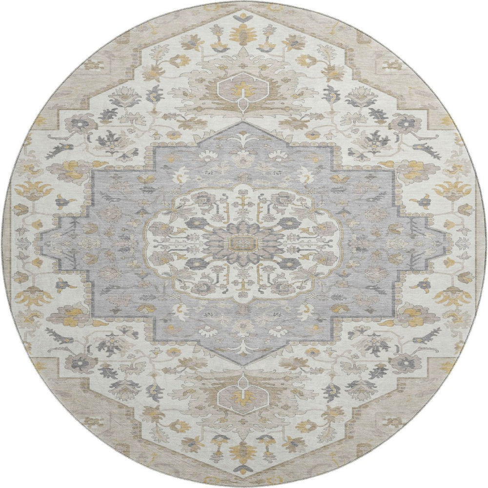 HomeRoots 8' Elegant Ivory and Gold Oriental Round Rug - Washable, UV Protected, Durable for Family Living 677744