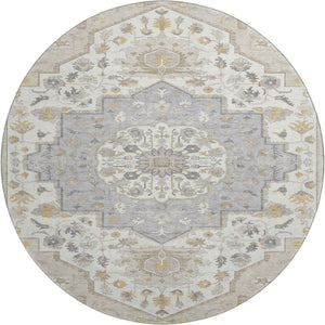 HomeRoots 8' Elegant Ivory and Gold Oriental Round Rug - Washable, UV Protected, Durable for Family Living 677744