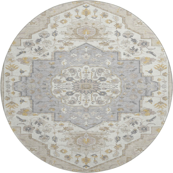 HomeRoots 8' Elegant Ivory and Gold Oriental Round Rug - Washable, UV Protected, Durable for Family Living 677744