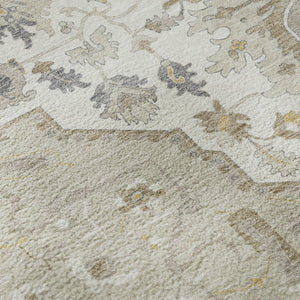 HomeRoots 8' Elegant Ivory and Gold Oriental Round Rug - Washable, UV Protected, Durable for Family Living 677744
