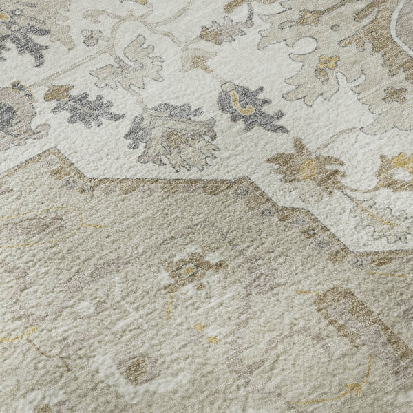 HomeRoots 8' Elegant Ivory and Gold Oriental Round Rug - Washable, UV Protected, Durable for Family Living 677744