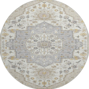 HomeRoots 8' Elegant Ivory and Gold Oriental Round Rug - Washable, UV Protected, Durable for Family Living 677744