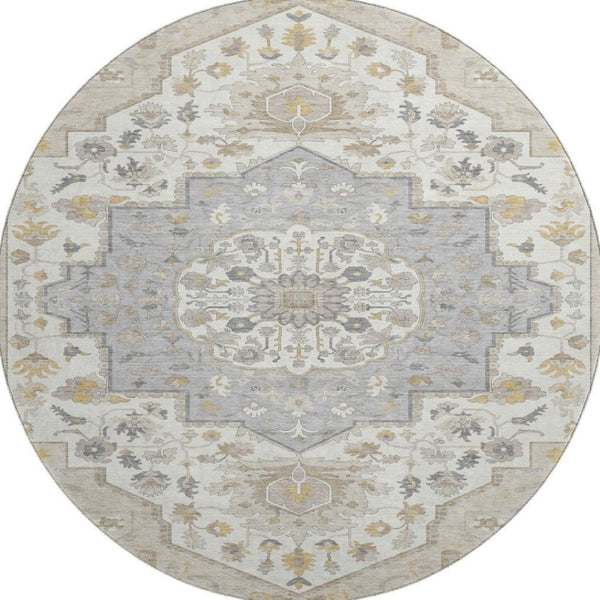 HomeRoots 8' Elegant Ivory and Gold Oriental Round Rug - Washable, UV Protected, Durable for Family Living 677744