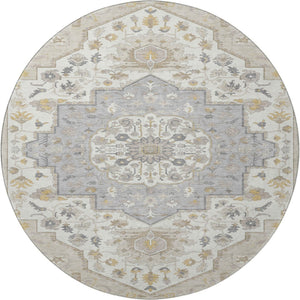 HomeRoots 8' Elegant Ivory and Gold Oriental Round Rug - Washable, UV Protected, Durable for Family Living 677744