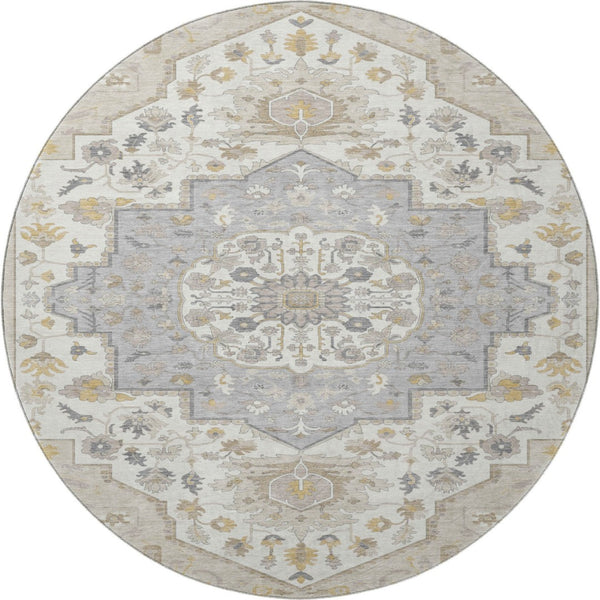 HomeRoots 8' Elegant Ivory and Gold Oriental Round Rug - Washable, UV Protected, Durable for Family Living 677744