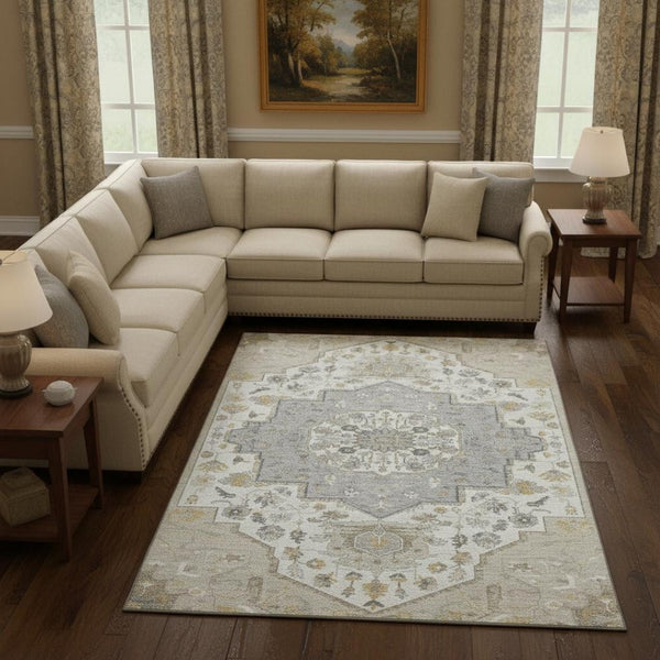 HomeRoots 8' X 10' Beige Ivory Gold Oriental Area Rug - Stylish, Washable, UV Protected for Family Living Spaces 677745